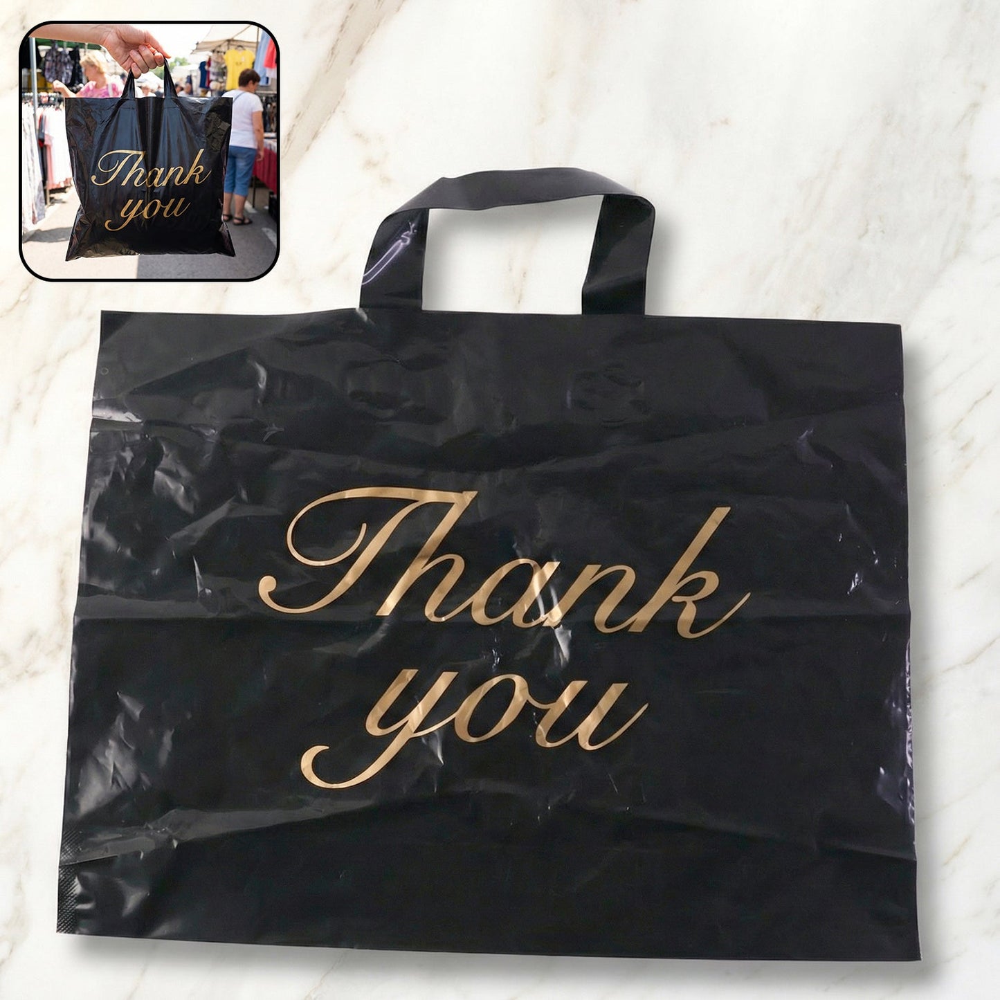 Large Black Thank You Printed Plastic Carry Bag (34 × 44 cm, 1 Pc)
