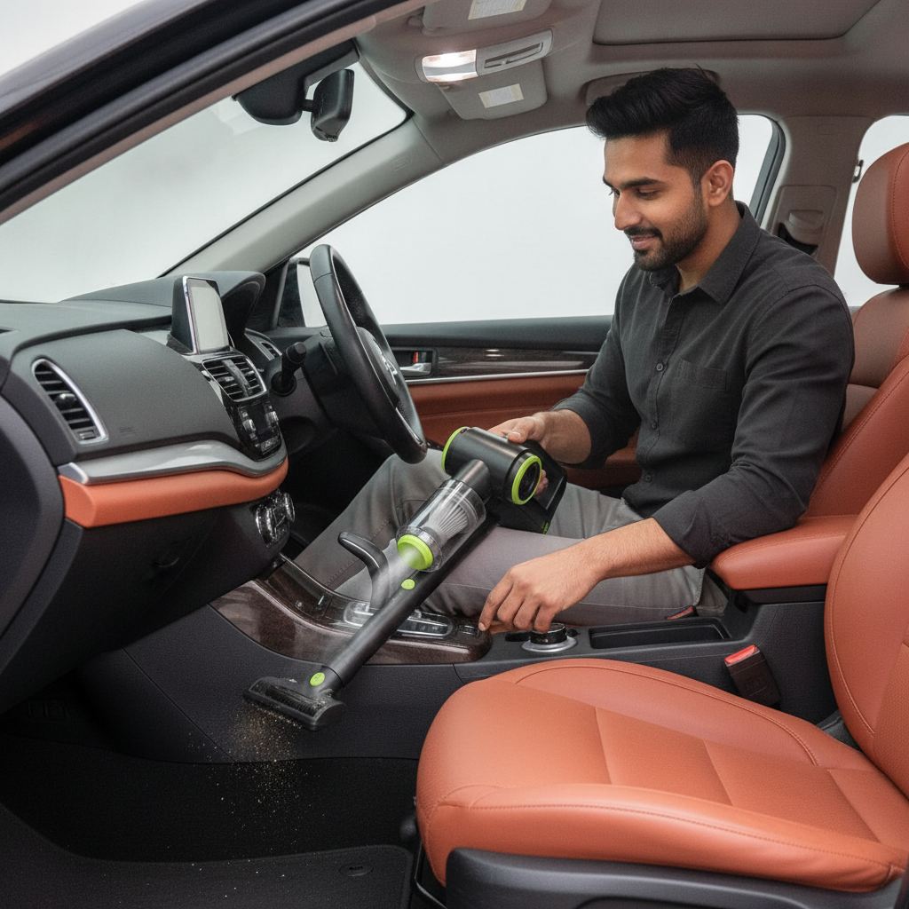 South Asian man, Rahul Gupta, holds the Wireless Powerful Car Vacuum Cleaner while cleaning his car's floor mats.