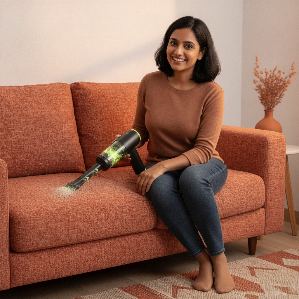 A South Asian woman, Kavya Nair, smiles while using the 'Wireless Powerful Car Vacuum Cleaner' to clean a terracotta sofa in 
