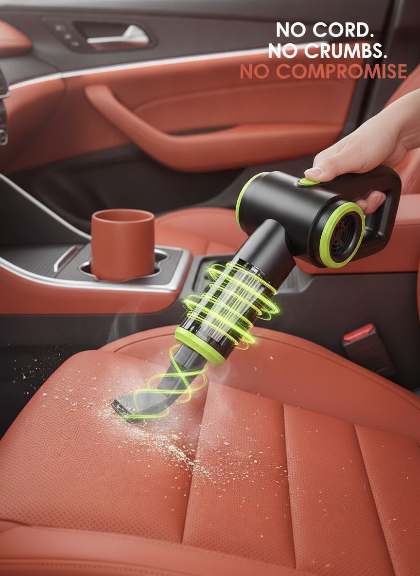 Wireless Powerful Car Vacuum Cleaner actively cleaning crumbs and dust from a car interior, highlighting its compact and port