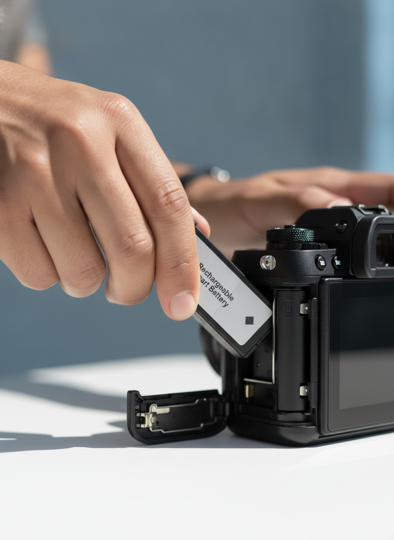 Hands inserting a Rechargeable Smart battery into a high-end digital camera, captured in natural daylight.